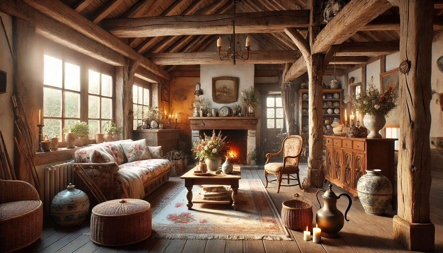 view of a French cottage interior featuring rustic elements