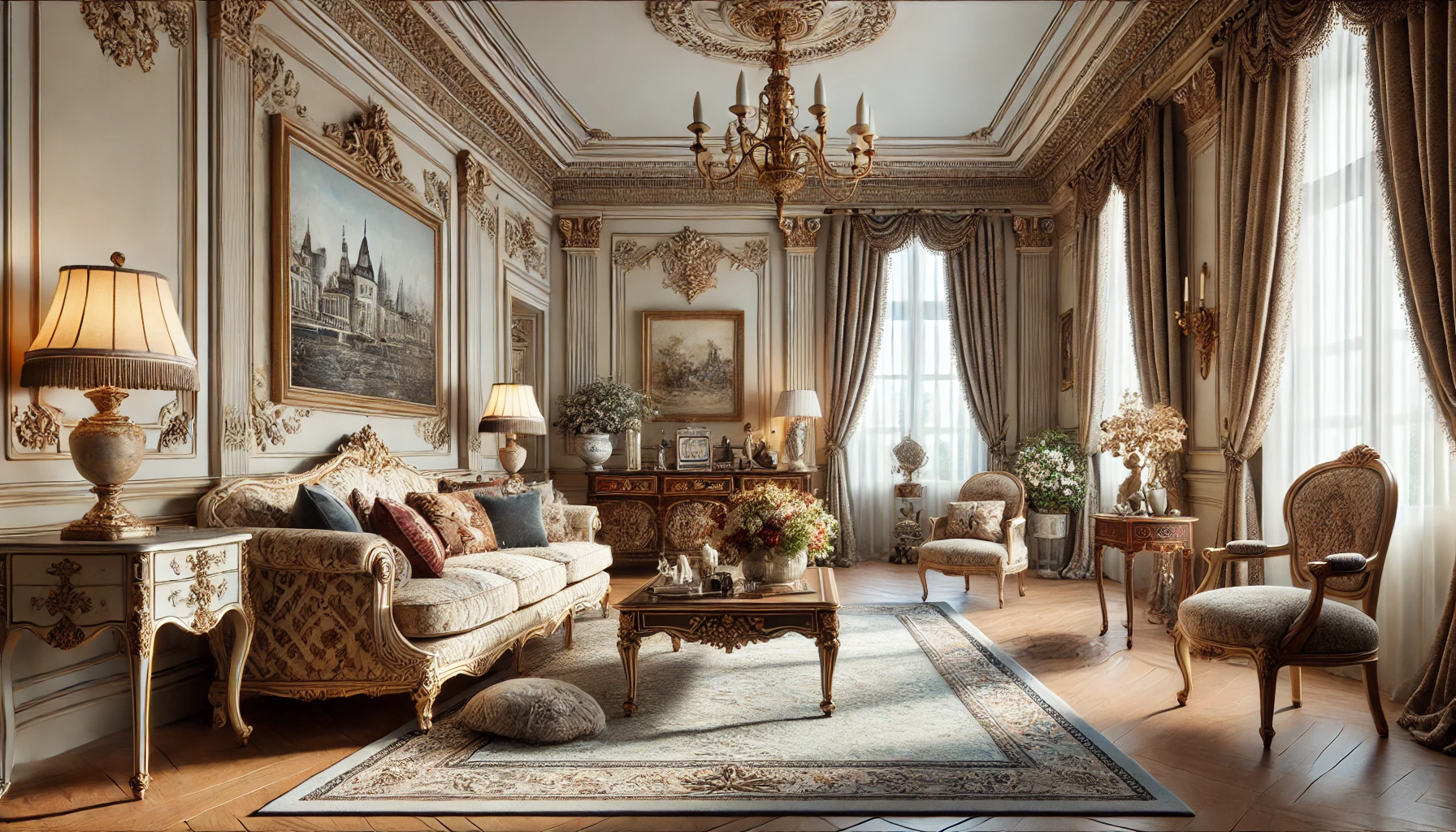 view of a French living room featuring sophisticated furnishings and decor 