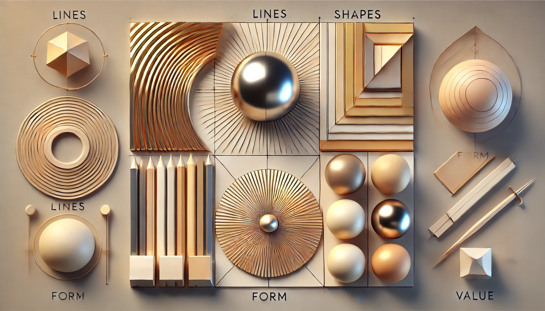 Visual representation of fundamental design elements: lines, shapes, form, and value.