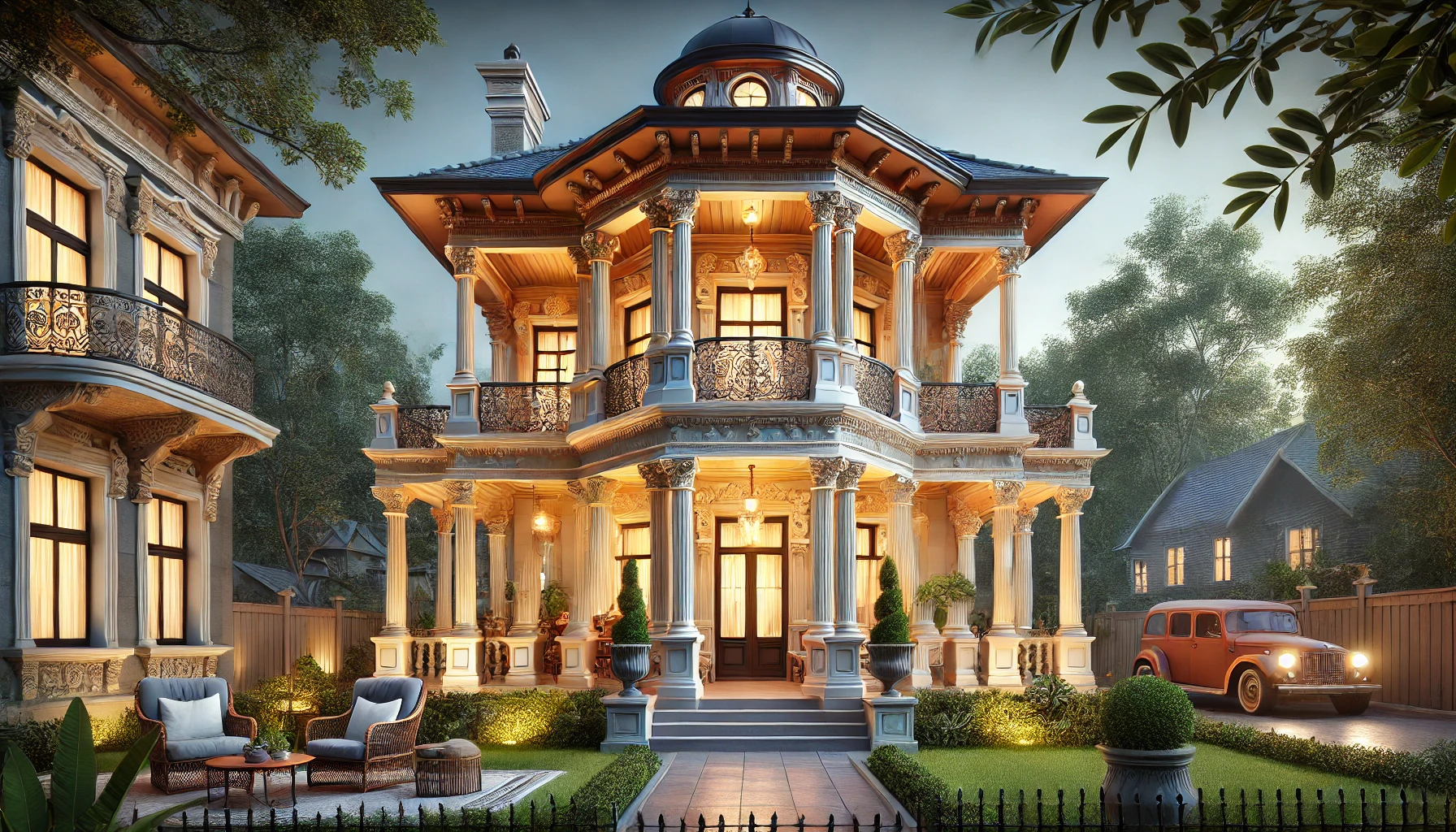 Italianate architecture showcasing a grand porch and balcony