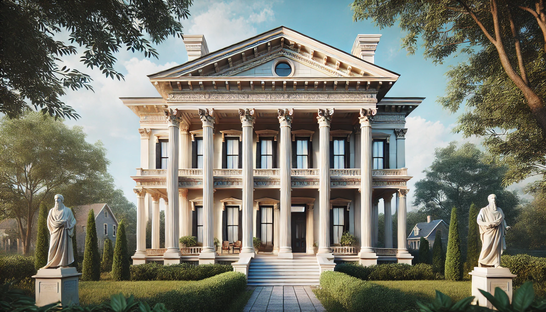 exterior view of a Greek Revival style house from the 1850s