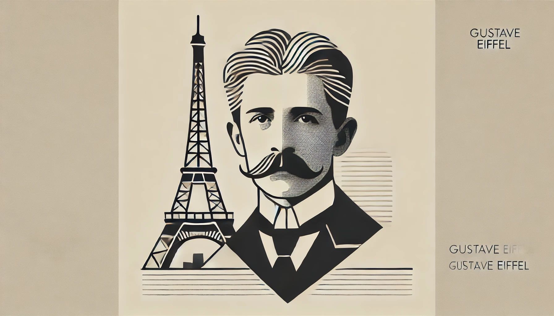  illustration of Gustave Eiffel with the Eiffel Tower in the background