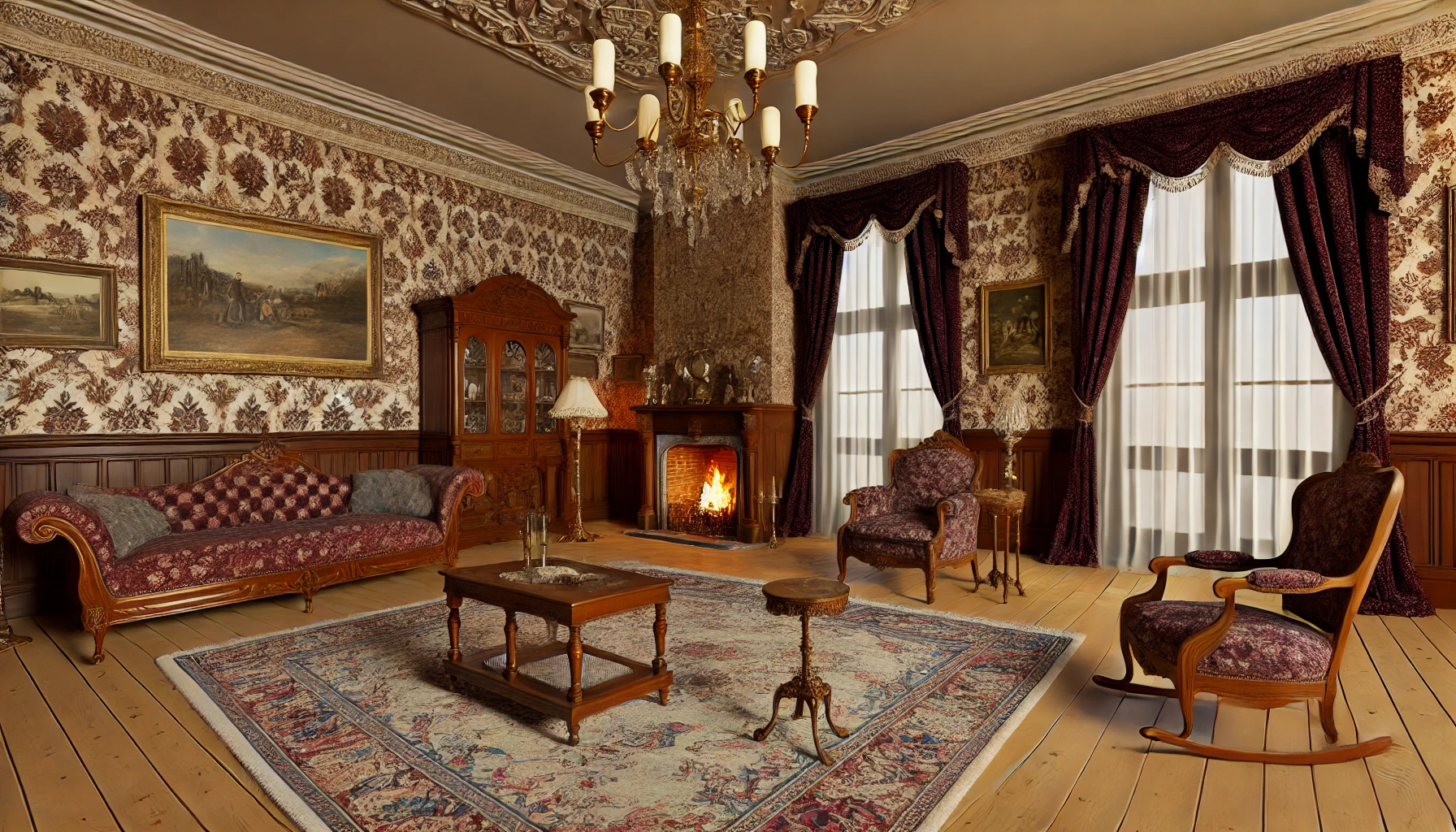 realistic 1800s living room with ornate furniture fireplace and velvet decor