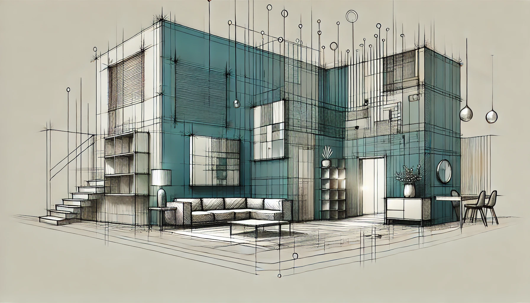 Depiction of walls, ceilings, floors, and lighting elements symbolizing interior finishing concepts.