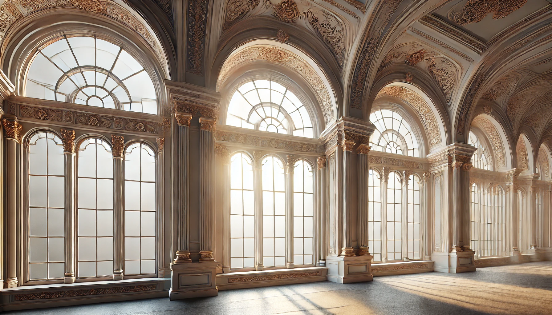 tall arched italianate windows with intricate detailing and soft sunlight