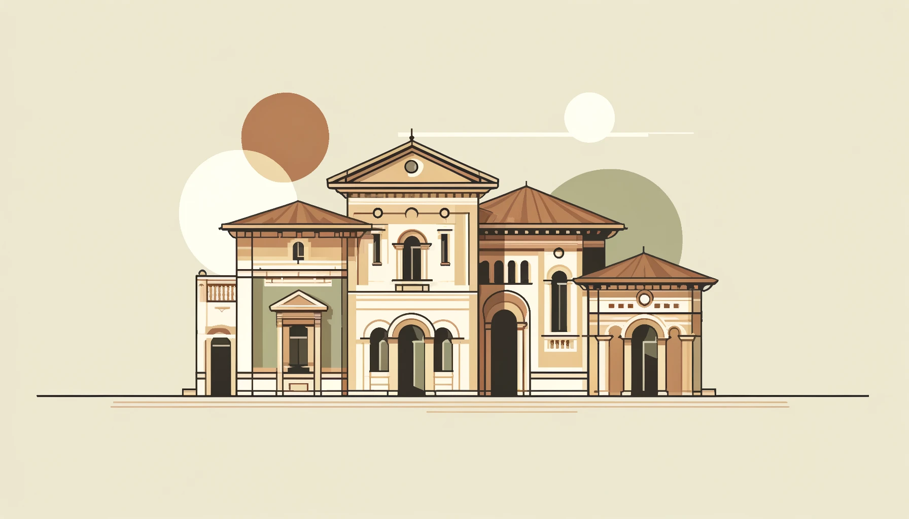 abstract depiction of italianate architecture style with decorative brackets low-pitched roofs and warm muted tones