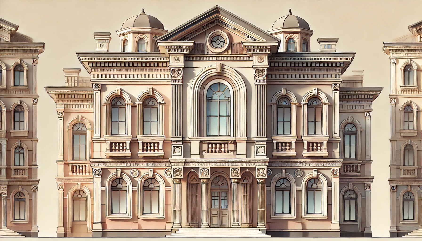 italianate architecture abstract yet realistic horizontal depiction