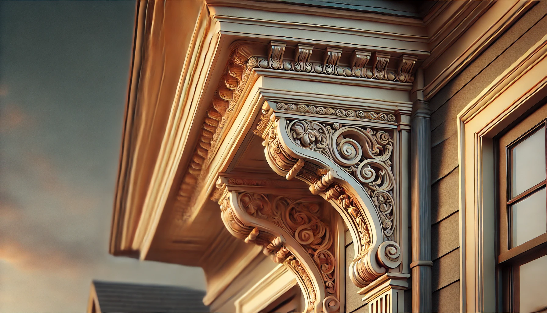 decorative brackets under eaves with intricate cornices and moldings