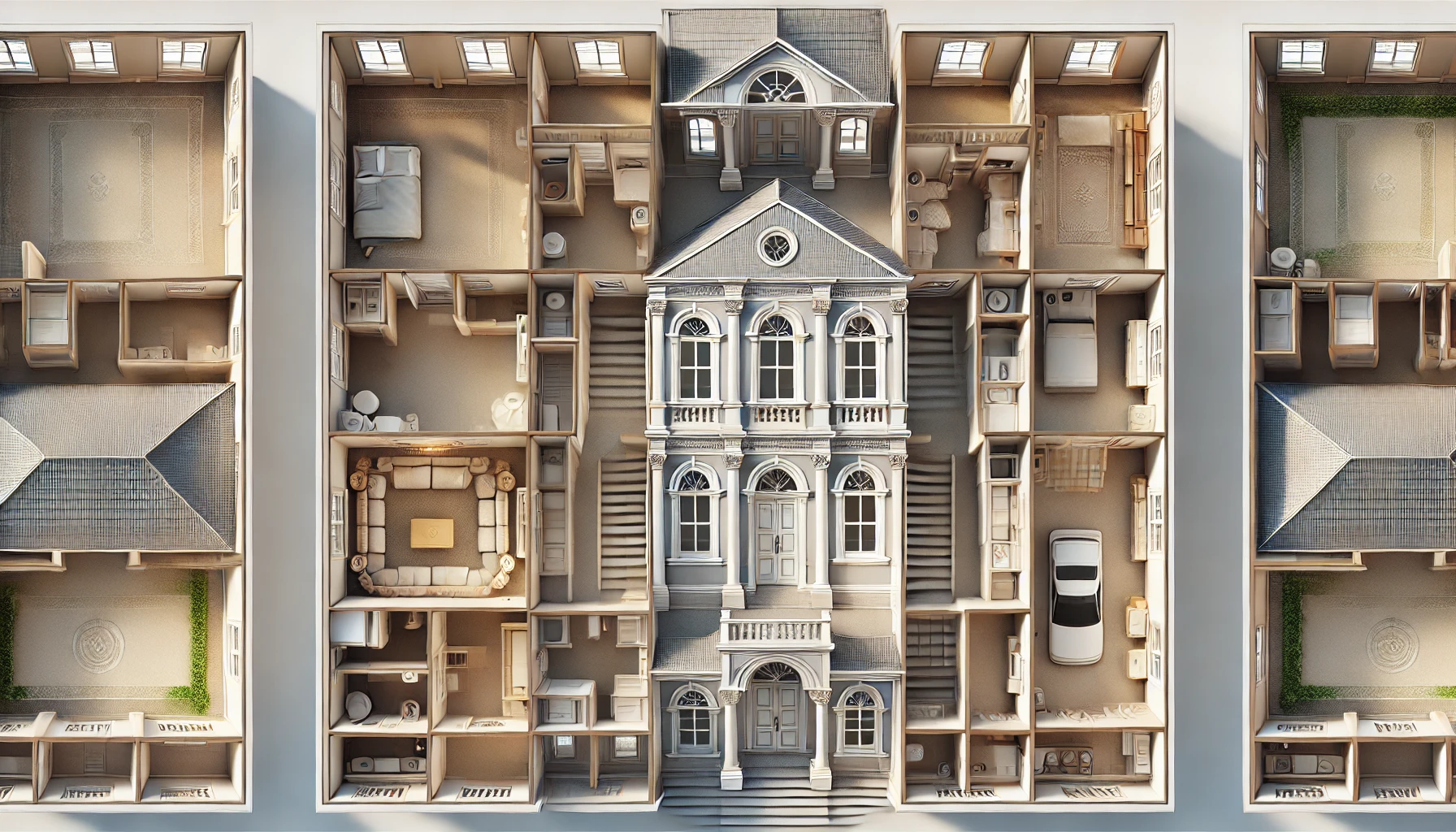 top-down layout of an italianate home with central hallway and symmetry