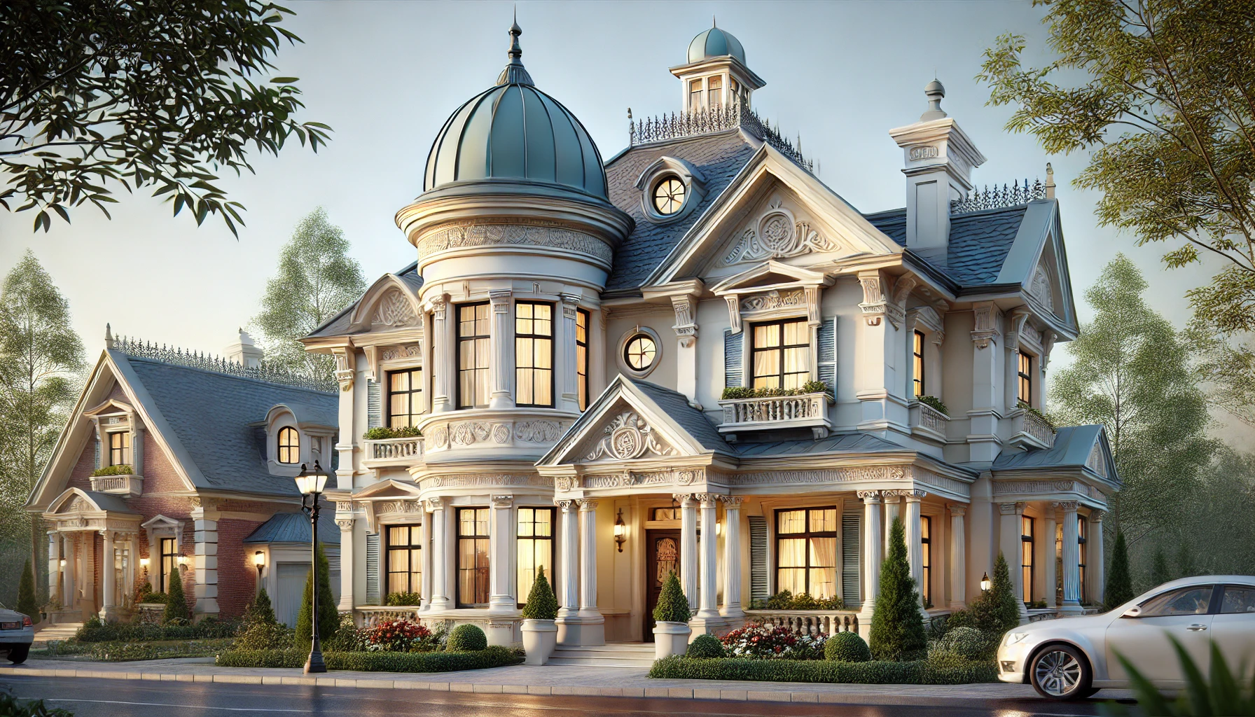 italianate home with a central cupola low-pitched gables and elegant detailing