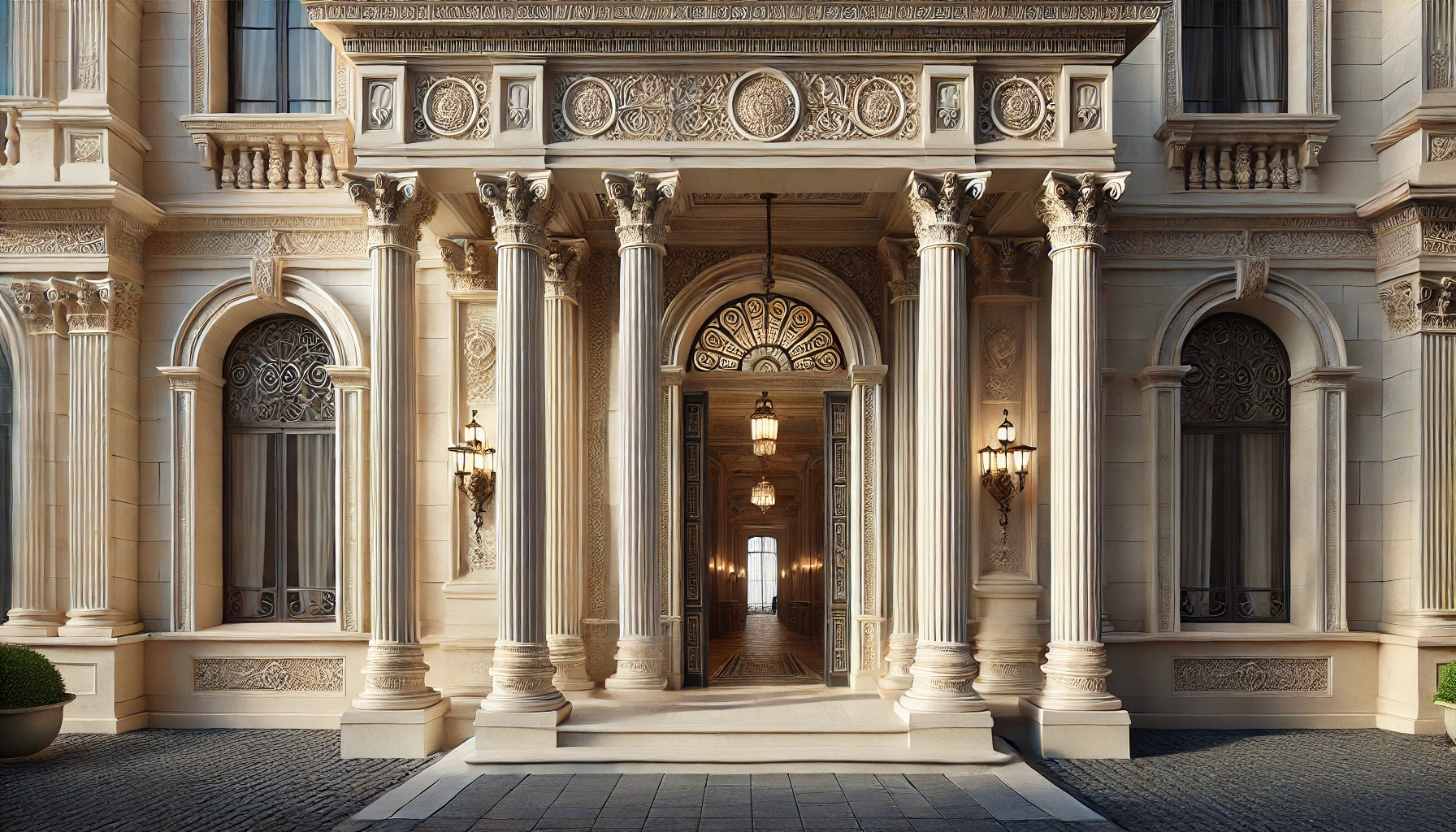 italianate portico with slender ornate columns and classical detailing