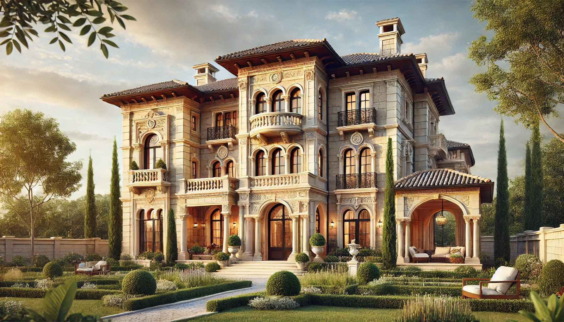 italianate villa with arched windows ornate detailing and lush greenery