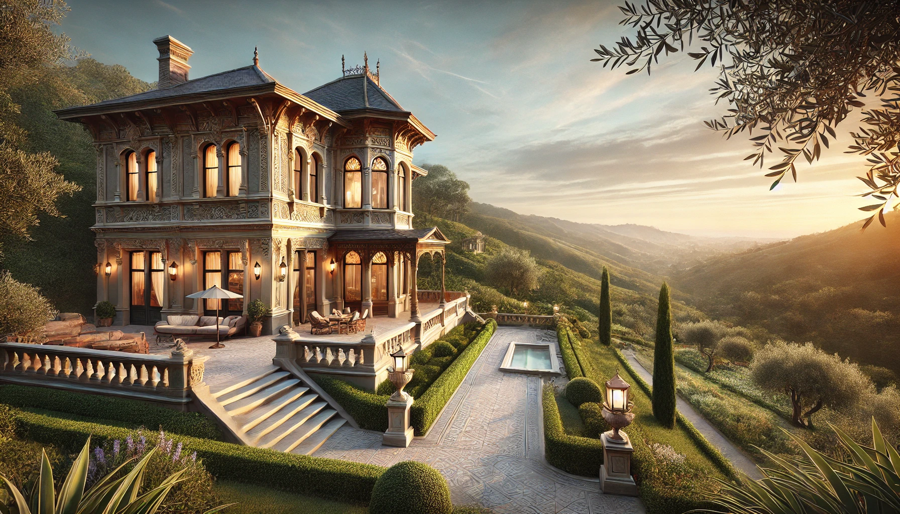 italianate victorian house with ornate patio on a hill overlooking lush valle