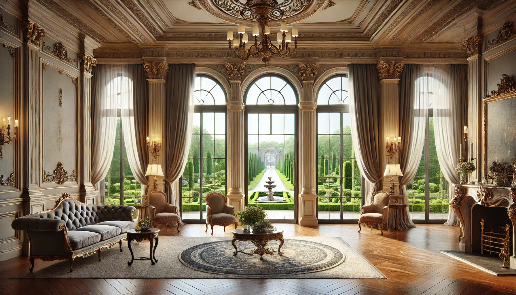 italianate villa interior with arched windows overlooking garden