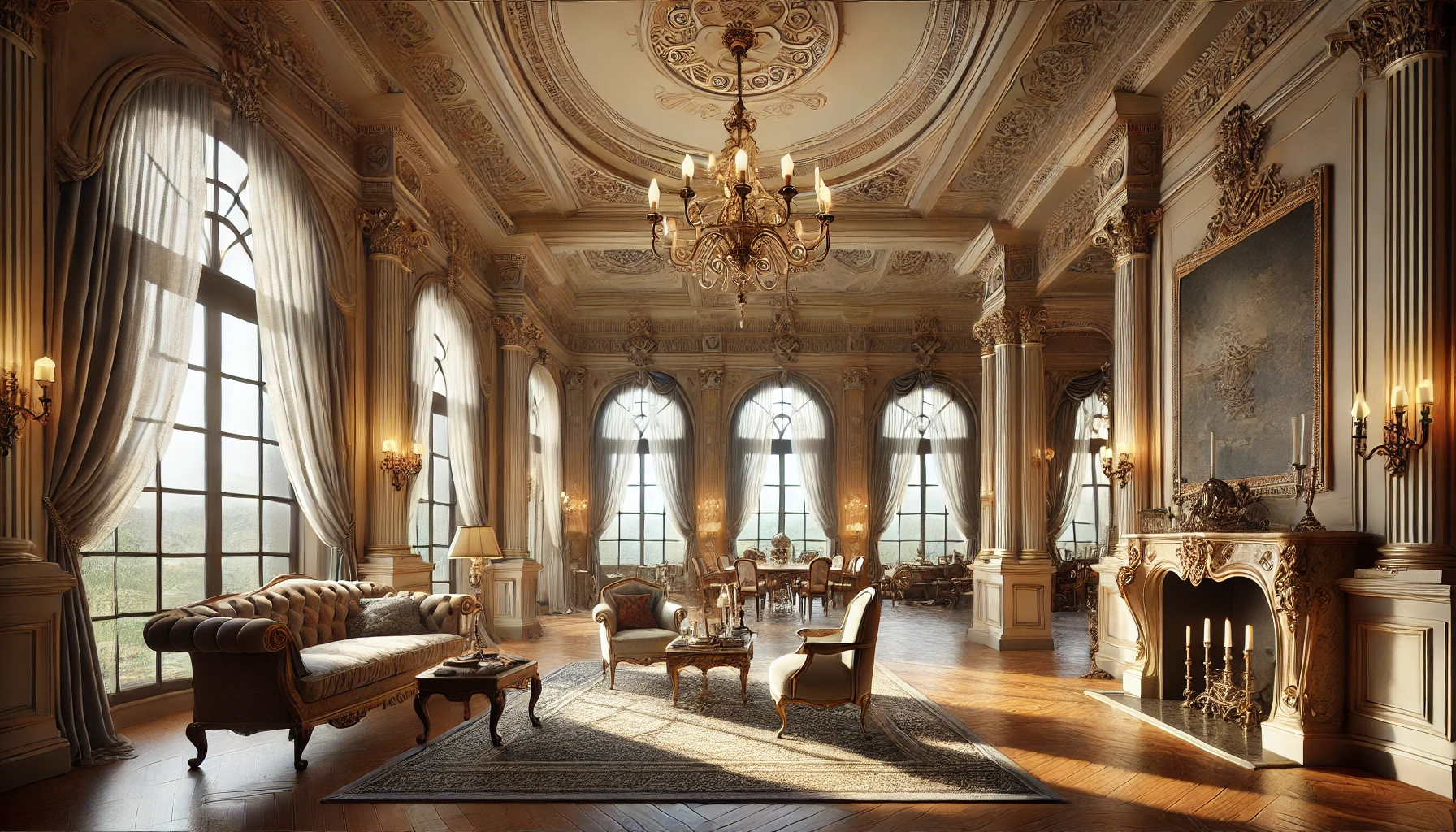  italianate villa interior with ornate moldings plush seating and warm lighting