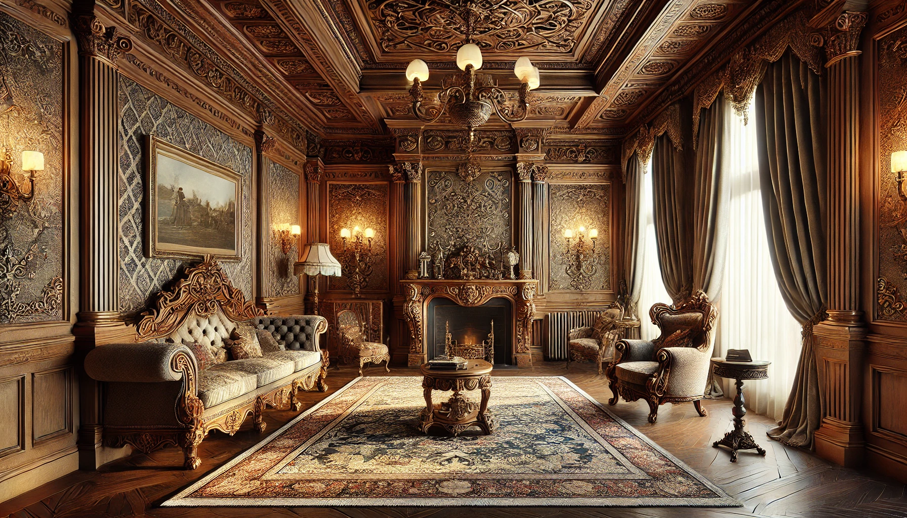luxurious 1800s living room with carved furniture grand fireplace and velvet decor