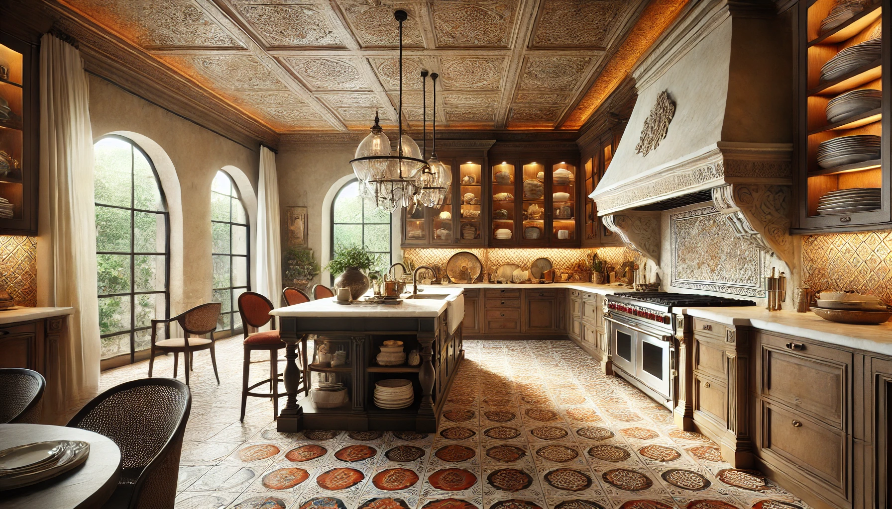 luxurious italian kitchen with marble and terracotta tiles