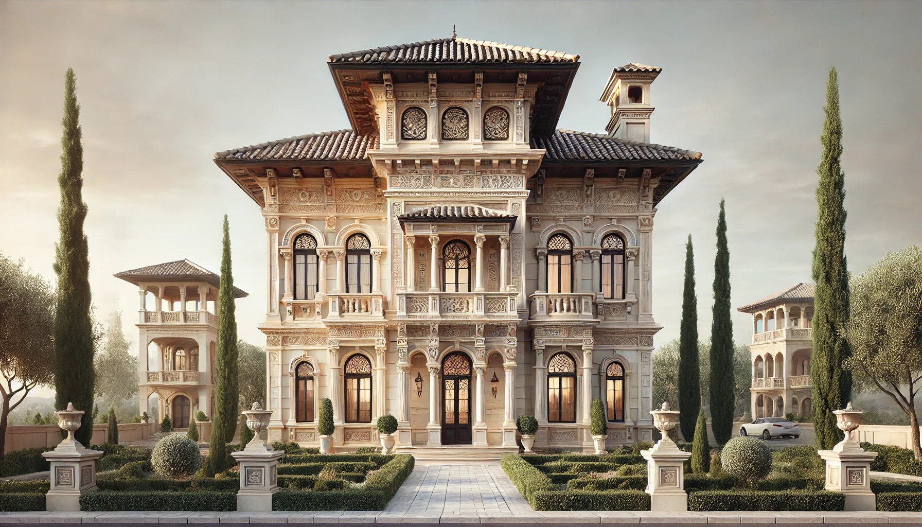 realistic italian villa with ornate details, arched windows, and mediterranean landscaping