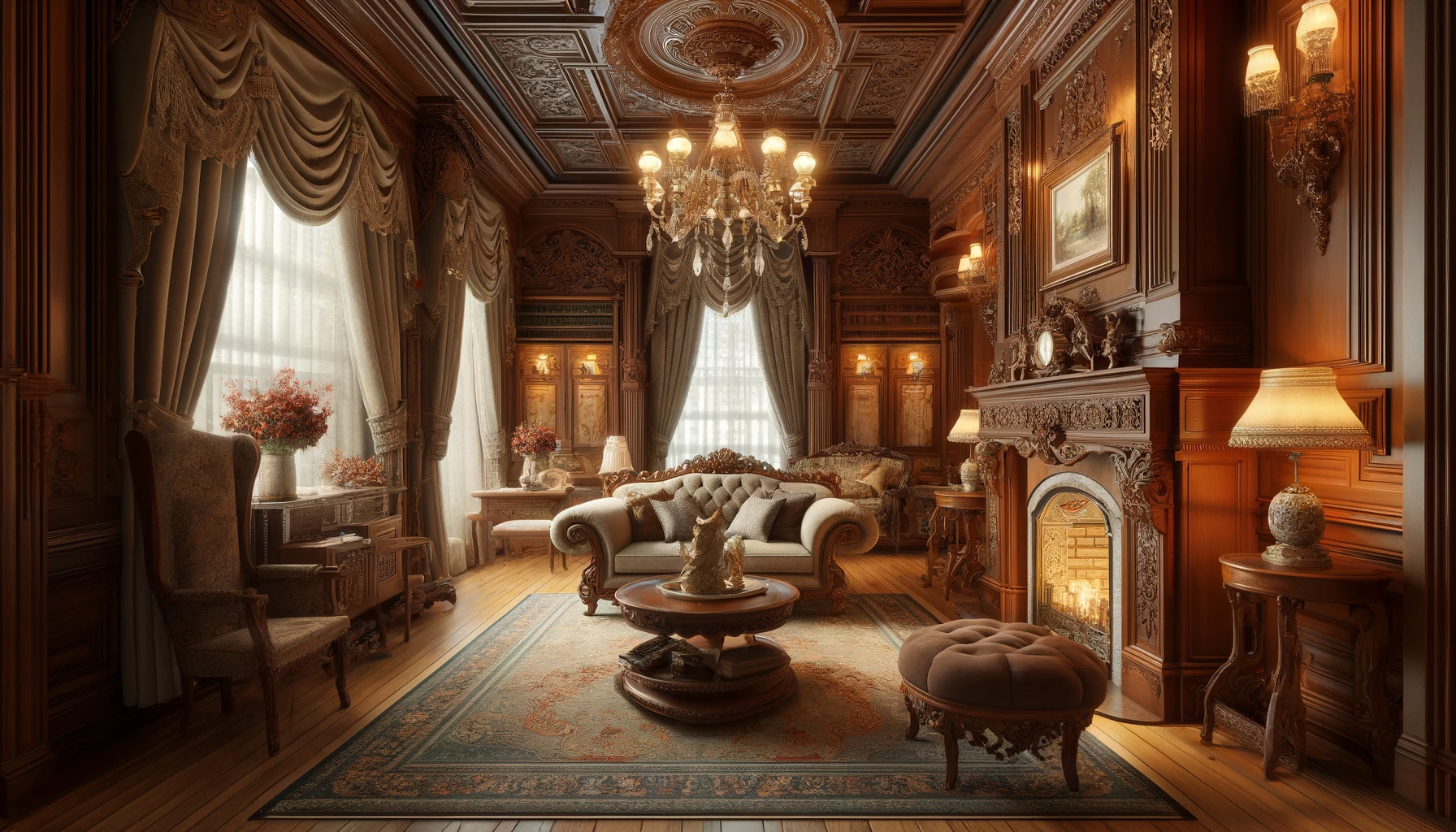 Luxurious Queen Anne-style interior with Victorian-era grandeur, rich textures, and detailed design elements.