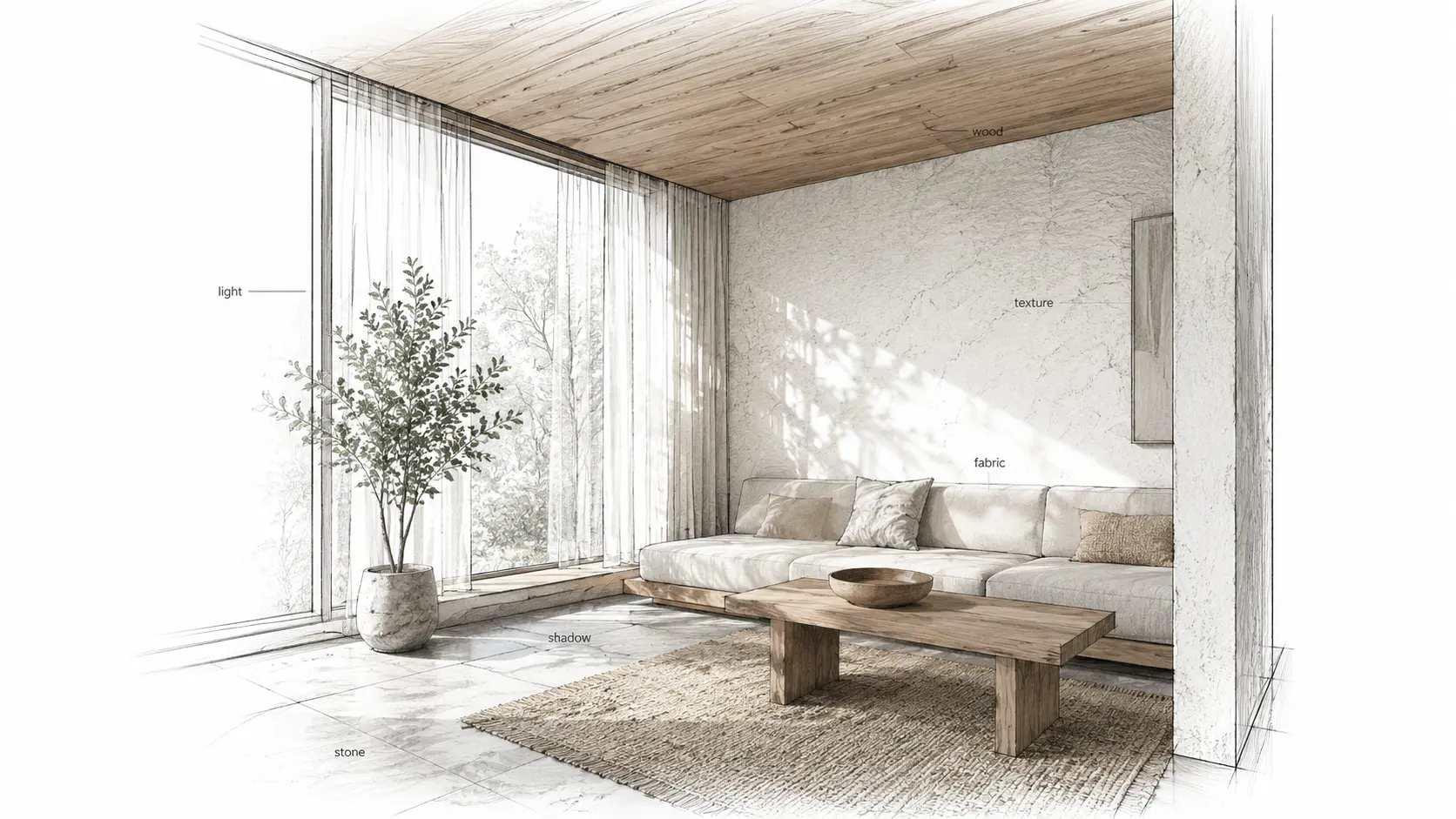 Architectural interior sketch showing wood, stone, fabric, texture, light, and shadow as sensory design elements.