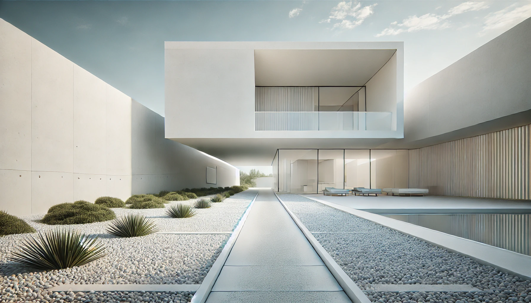 A minimalist architecture with clean lines, white stucco walls, and large glass panels.