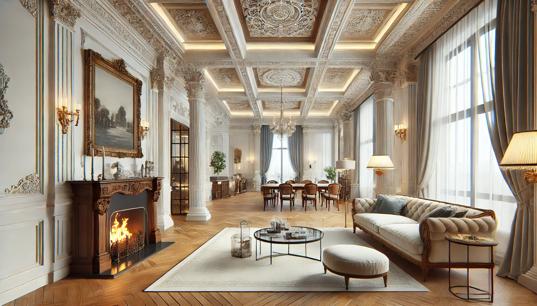modern interior with 1800s victorian trims grand fireplace and carved furniture