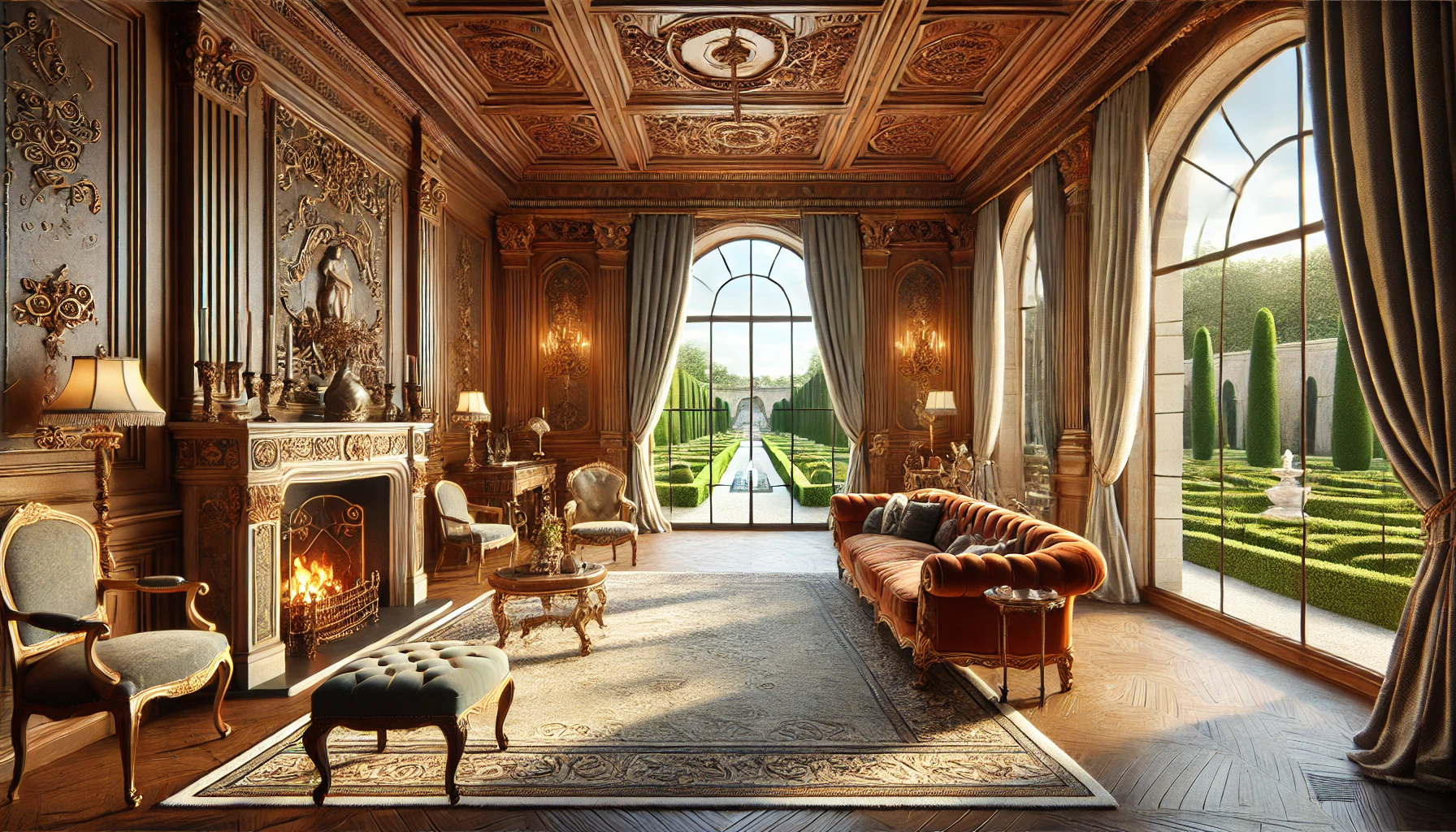 1800s-inspired living room blending modern elements overlooking a classic garden