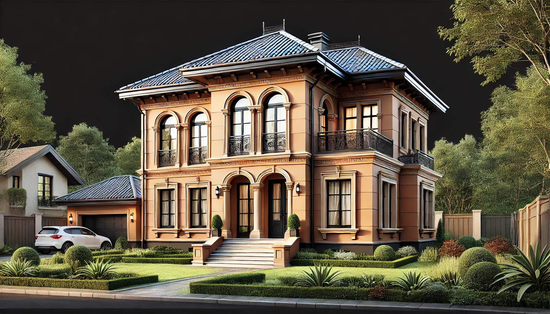 modern Italianate house with low-pitched roof, tall arched windows, and decorative brackets