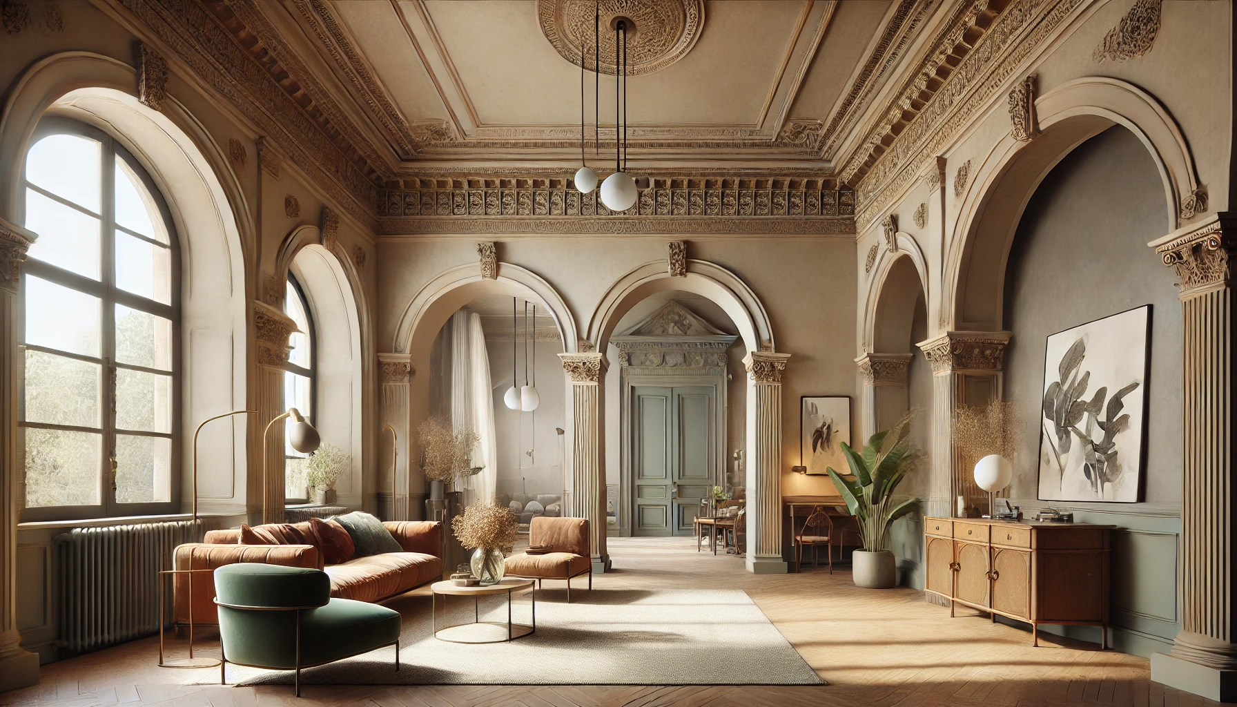 a modern italianate interior with high ceilings and arches