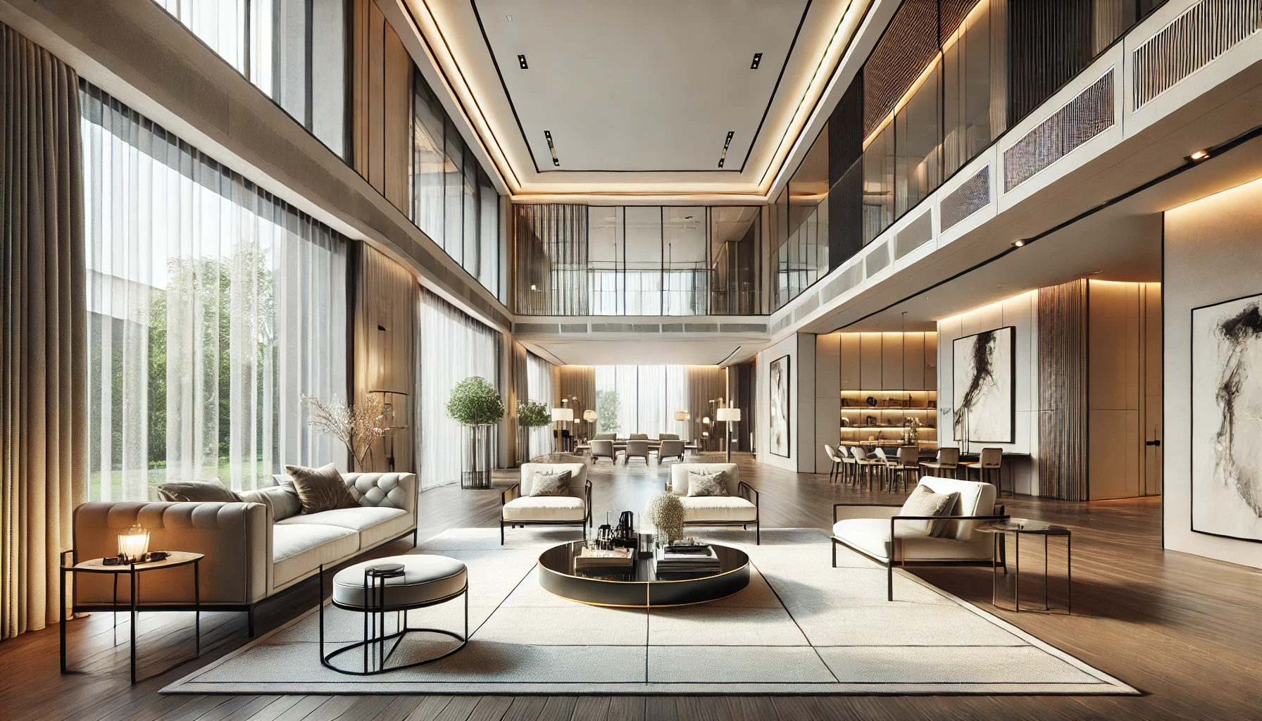 A luxurious modern interior space with a spacious living room and high ceilings.