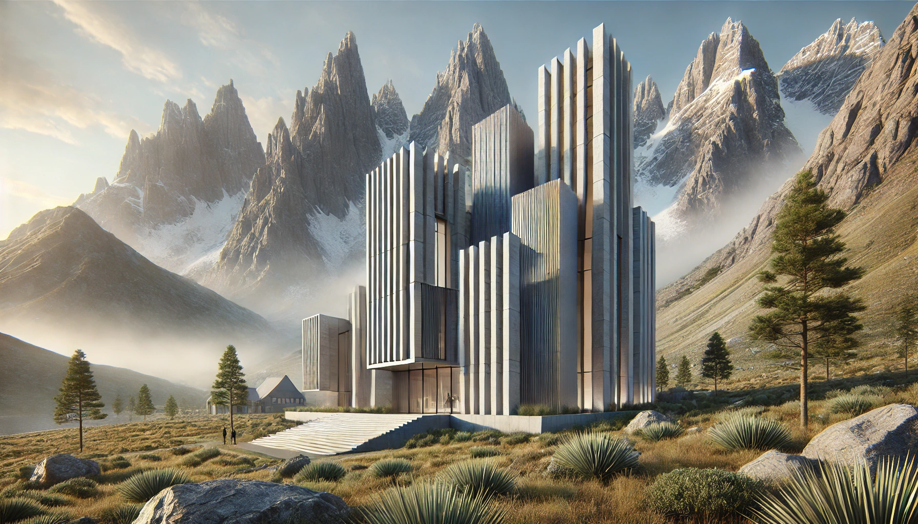 Architectural design blending modern structures with mountain-inspired forms and natural materials for harmony.