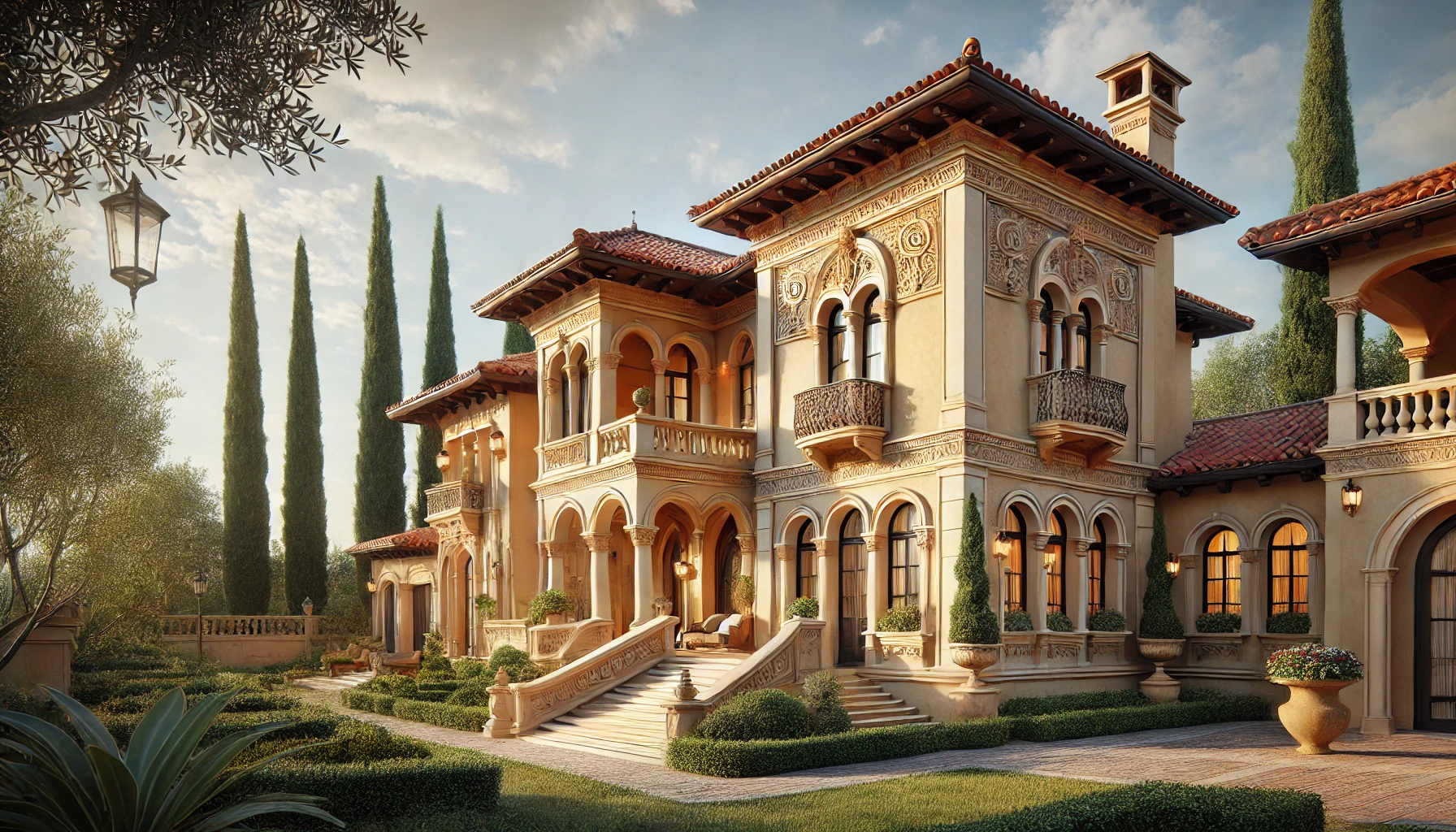 realistic italian villa with natural stucco, terracotta roof, and mediterranean landscaping