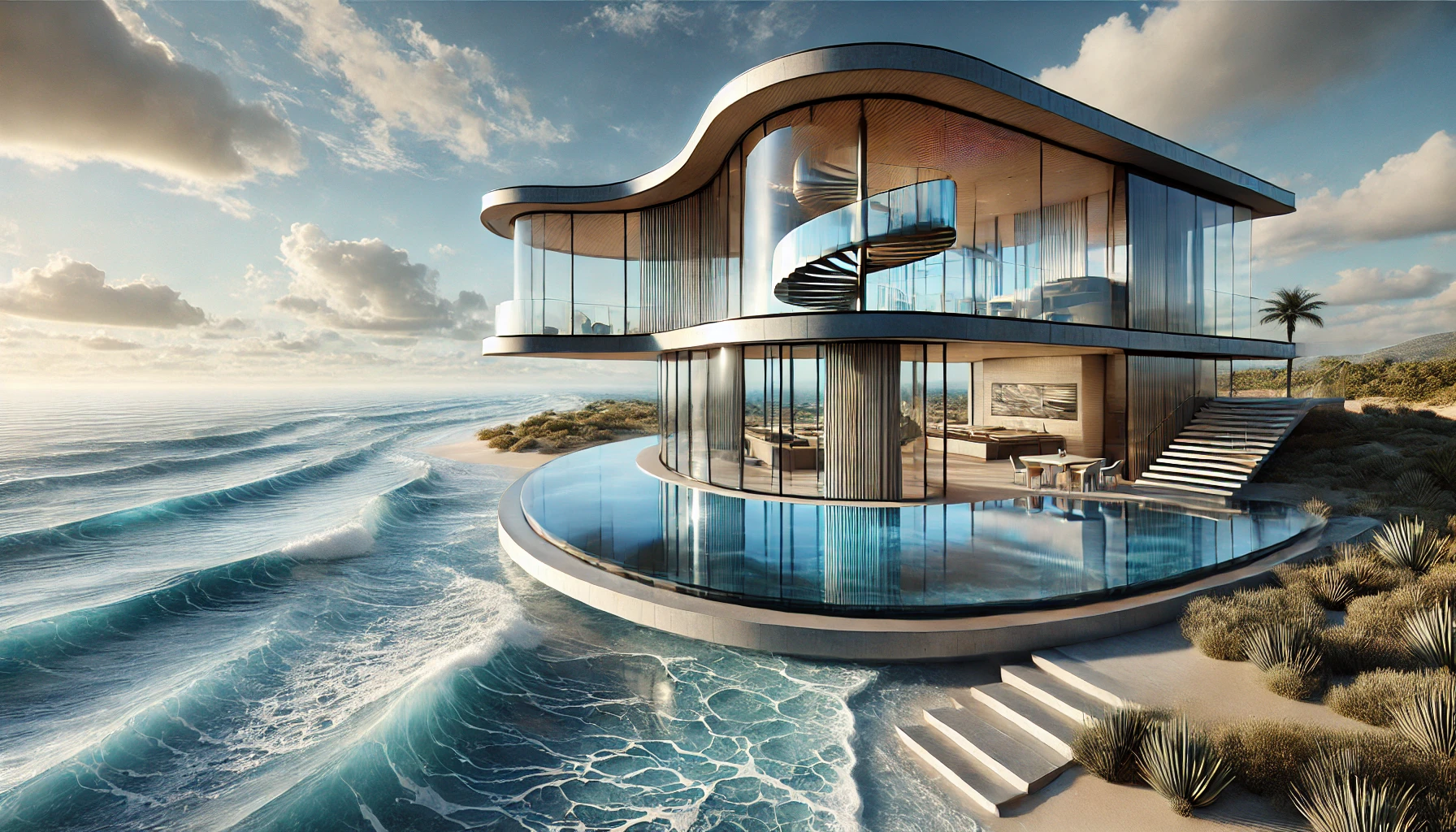 Modern architectural design inspired by the ocean with open layouts, flowing curves, and a serene blue color palette.