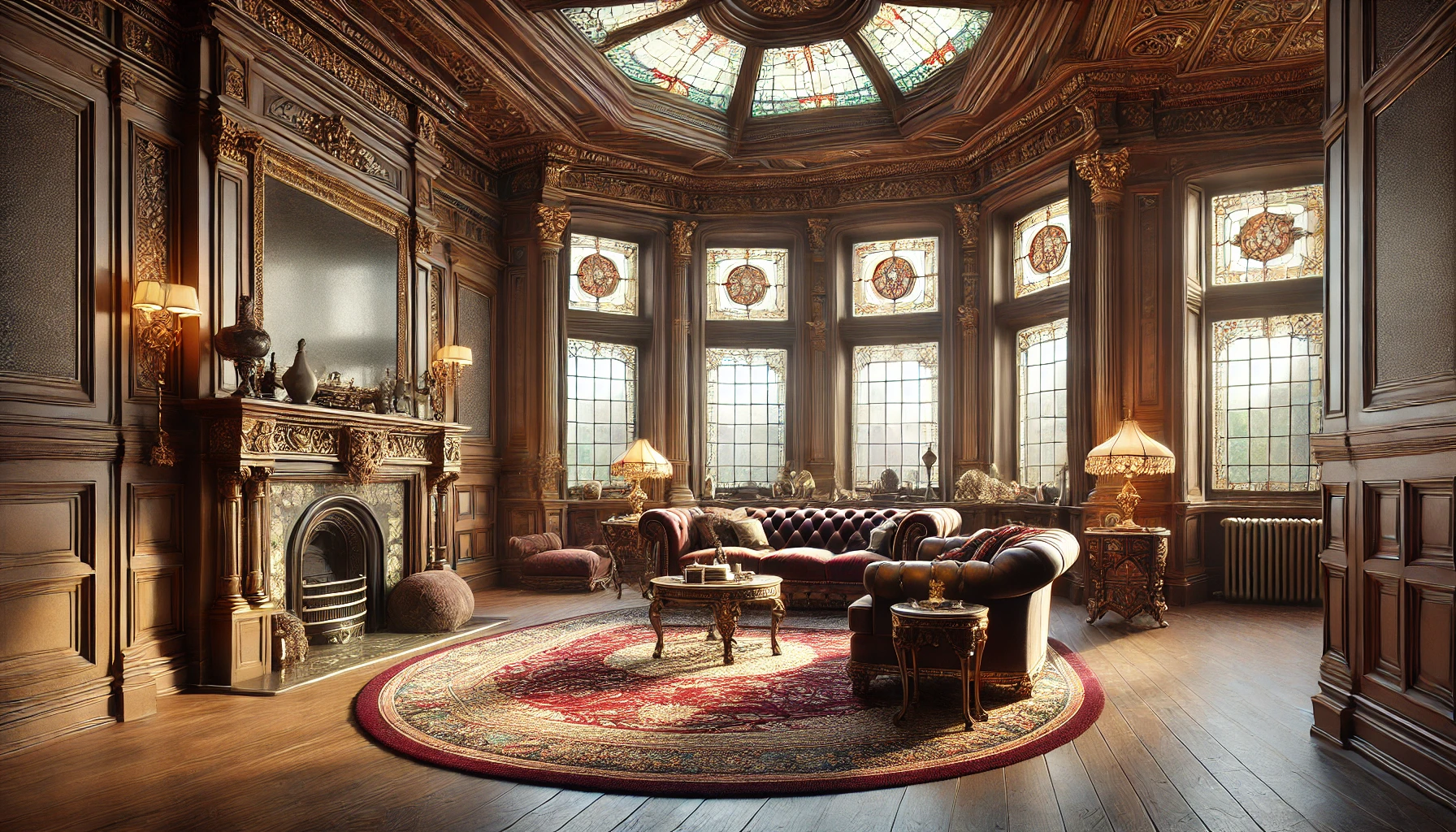 Opulent Queen Anne-style interior design with a luxurious living space featuring intricate details and period elegance.