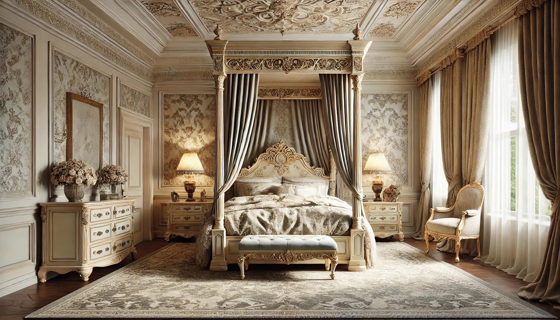 Luxurious Queen Anne-style bedroom featuring a four-poster bed with intricate carvings and elegant Victorian decor.