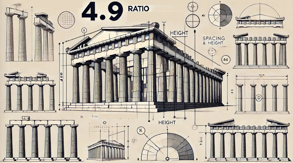 infographic showing the architectural principles of the parthenon with emphasis on the 4:9 ratio applied to its dimensions