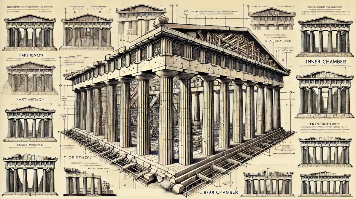 infographic showing architectural features of the parthenon's roof and inner chamber