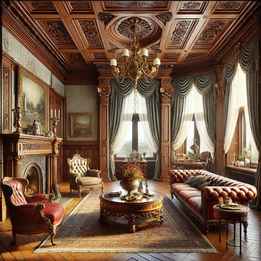 Queen Anne-style living room with vintage decor and ornate details.