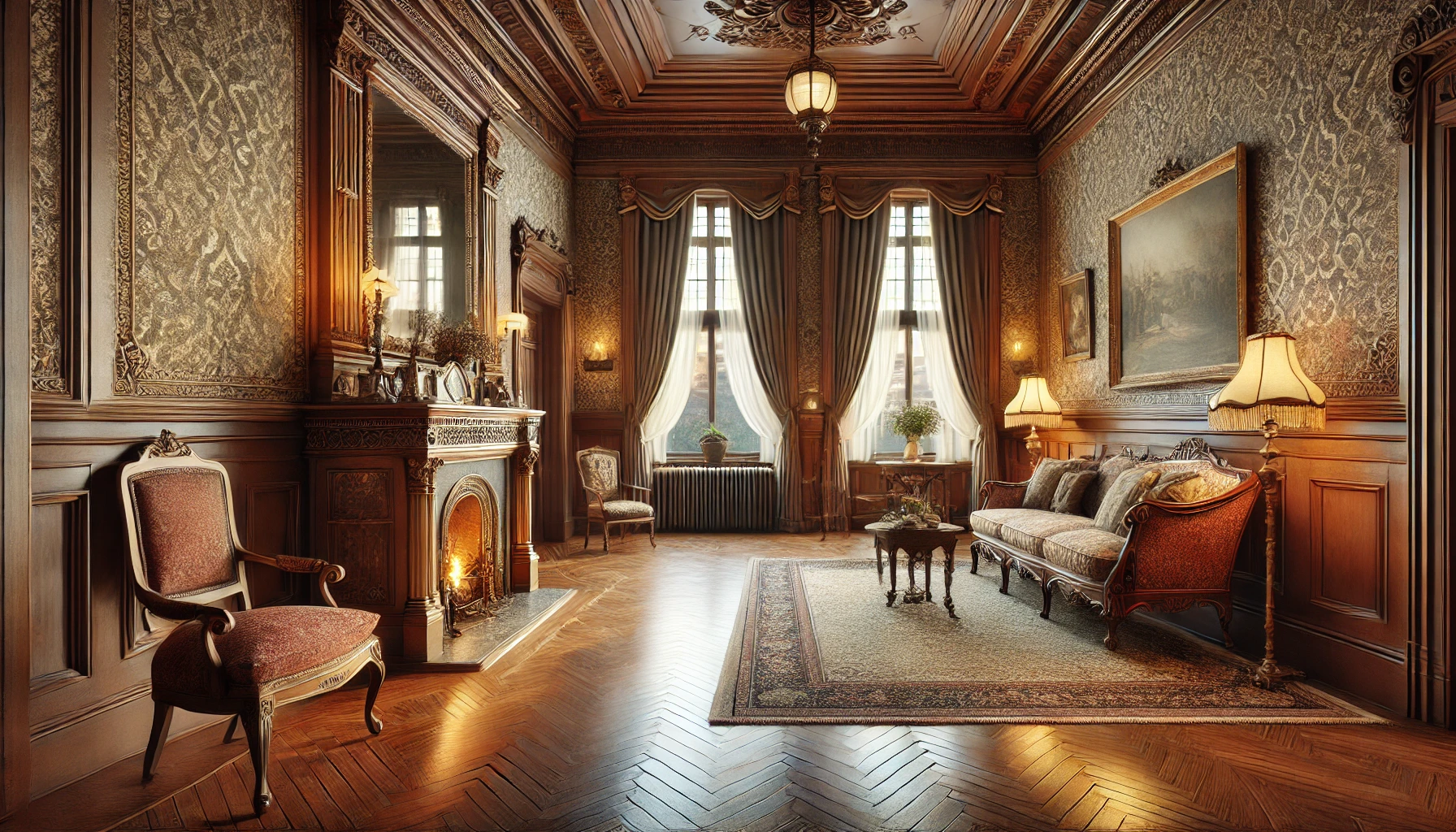 Queen Anne-style living room with ornate period features.