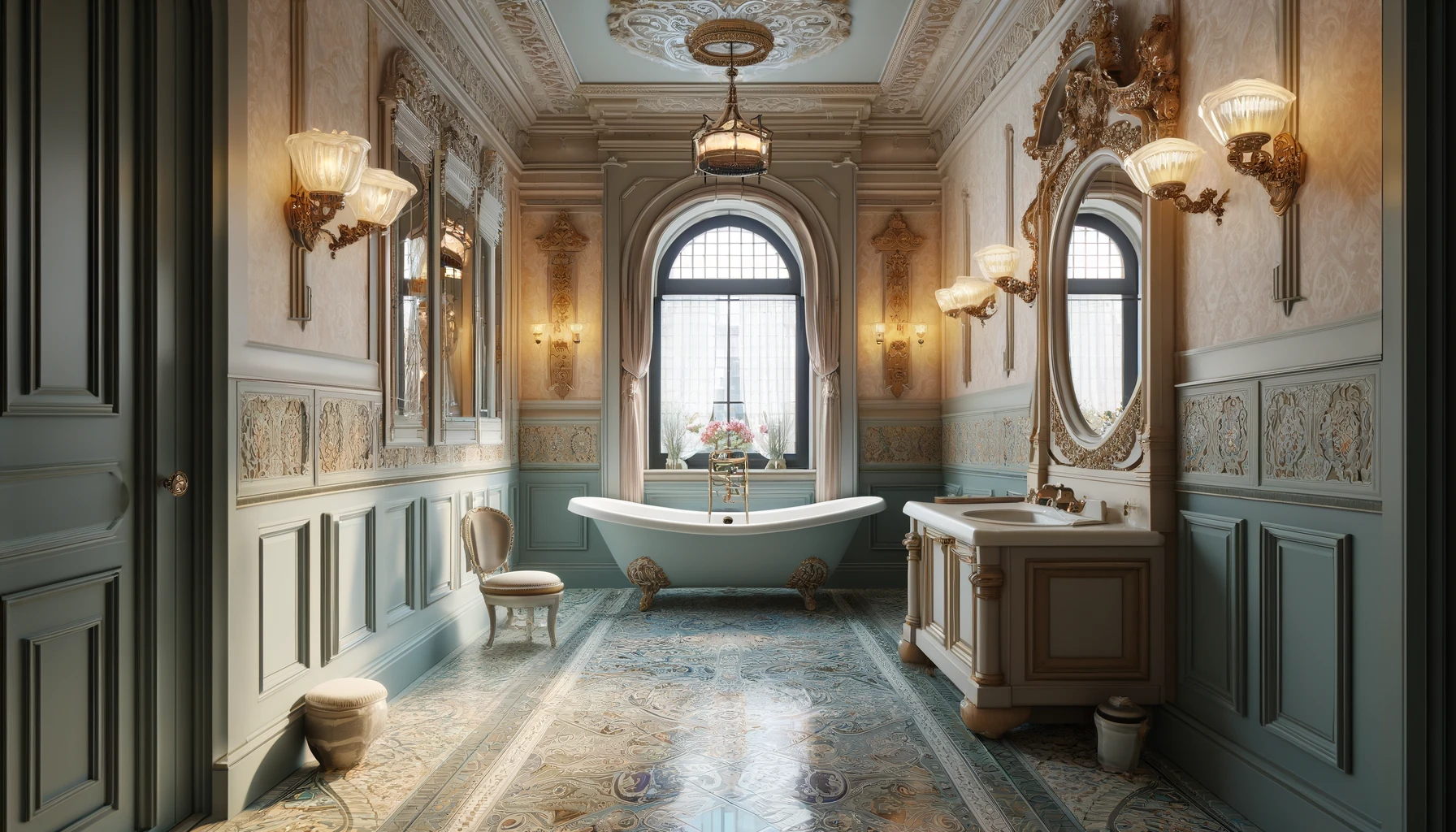Luxurious Queen Anne-style bathroom featuring a clawfoot bathtub, ornate detailing, and a blend of classic and modern elegance.