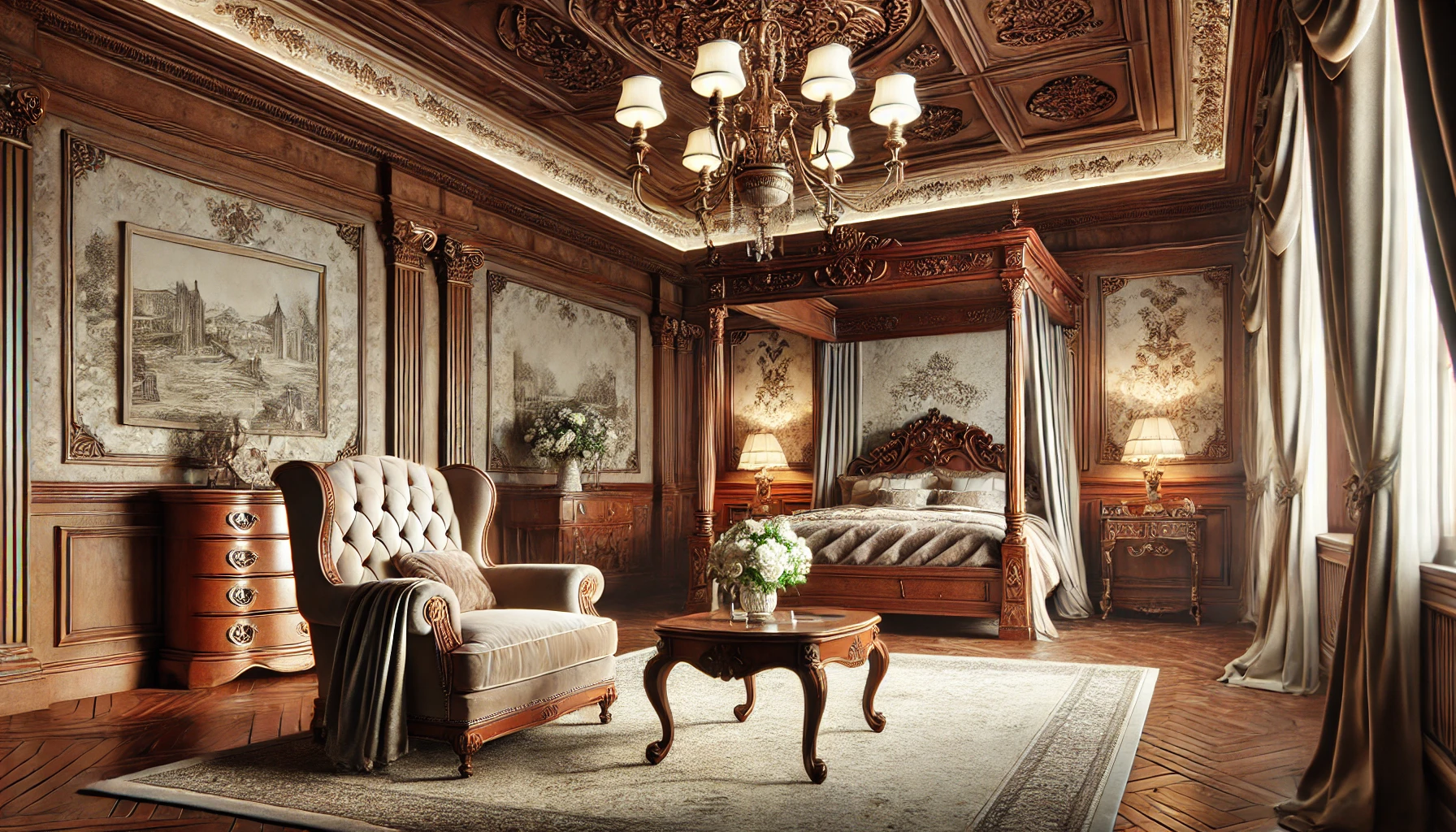 Queen Anne-style room with intricate wooden paneling and luxurious design details.