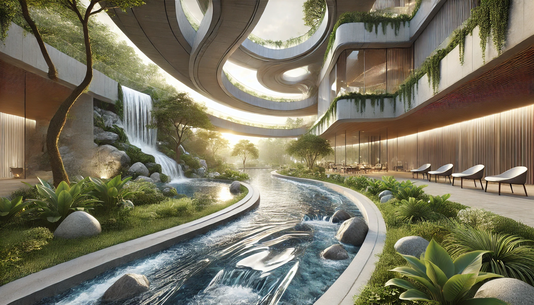 A modern architectural design inspired by rivers with flowing lines, curved structures, and a natural color palette.