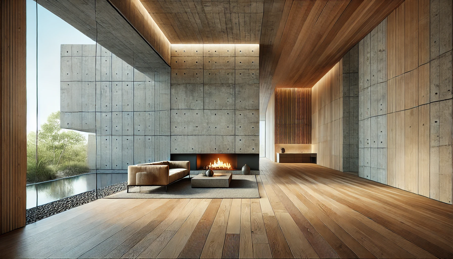 A modern architectural space showcasing the interplay of polished concrete, smooth walnut wood, and rough-cut stone for a balanced, tactile design.