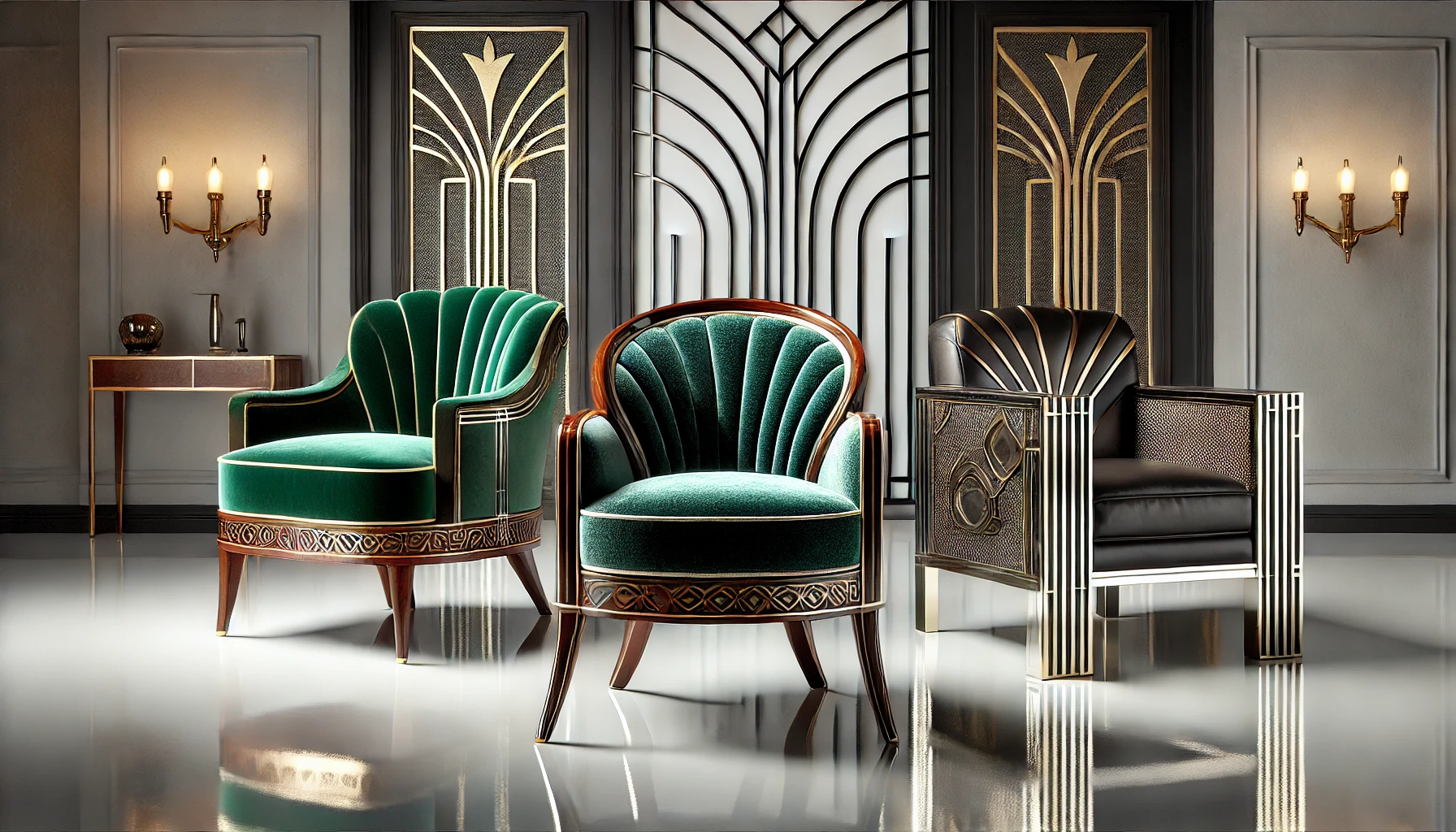 Three Art Deco chairs: emerald velvet, geometric fabric, and black leather with gold accents.