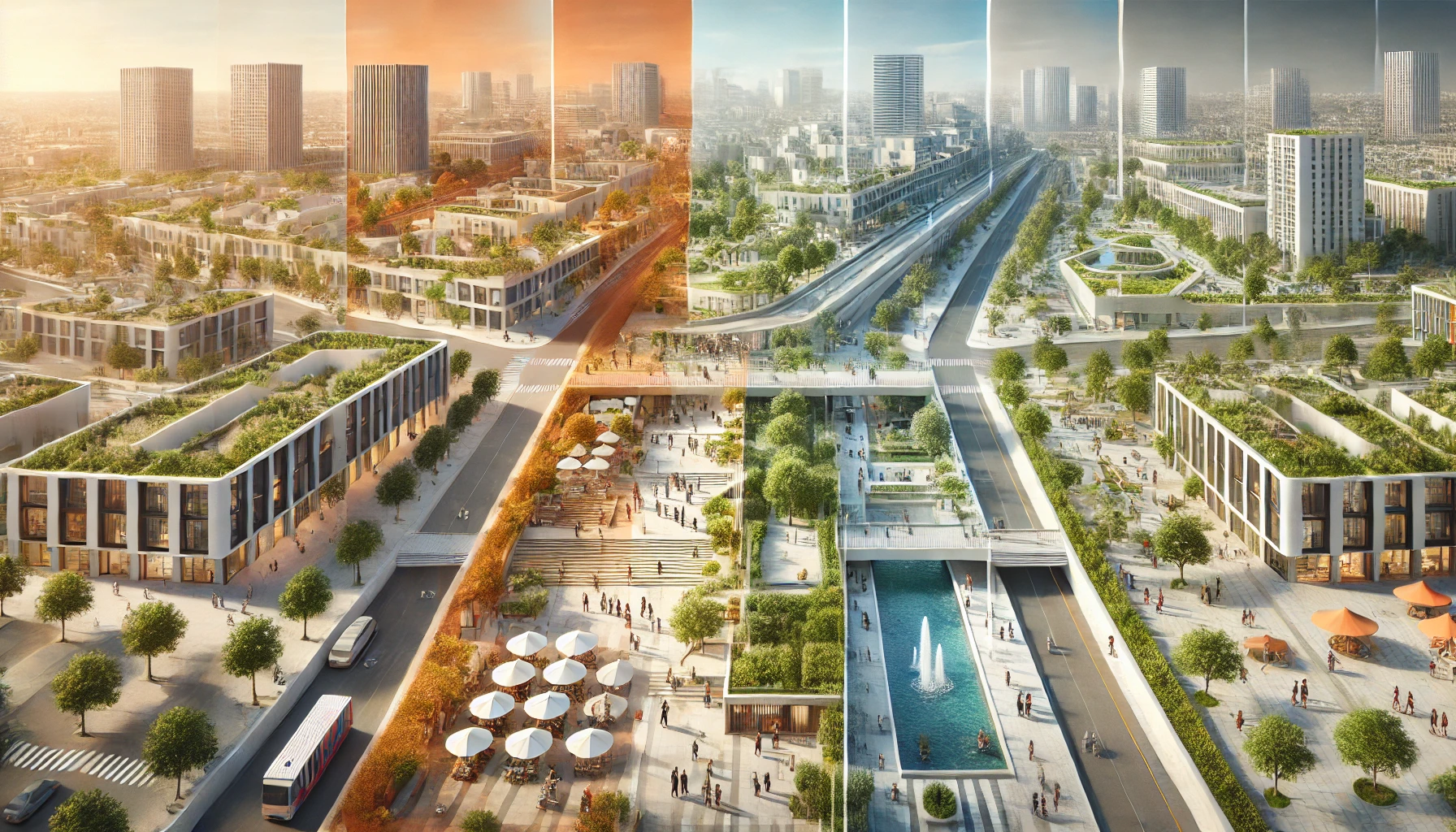 Urban design principles, featuring walkability, mixed-use areas, active public spaces, and resilience in planning.