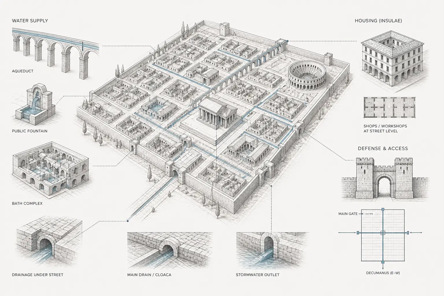 Roman city diagram showing aqueduct supply, fountains, baths, street drainage, housing blocks, gates, and water outlets.