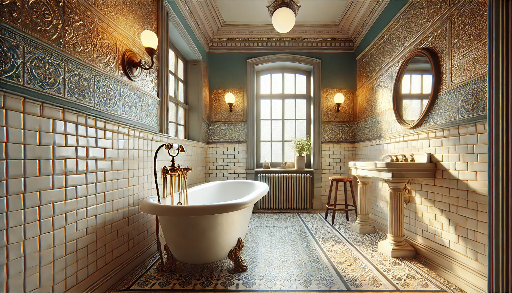late 1800s bathroom with clawfoot bathtub pedestal sink and subway tiles