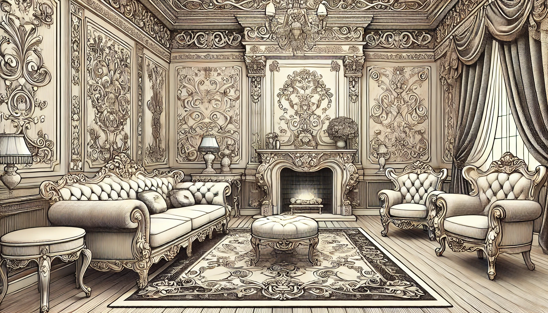 luxurious 1800s-inspired living room with ornate features and elements