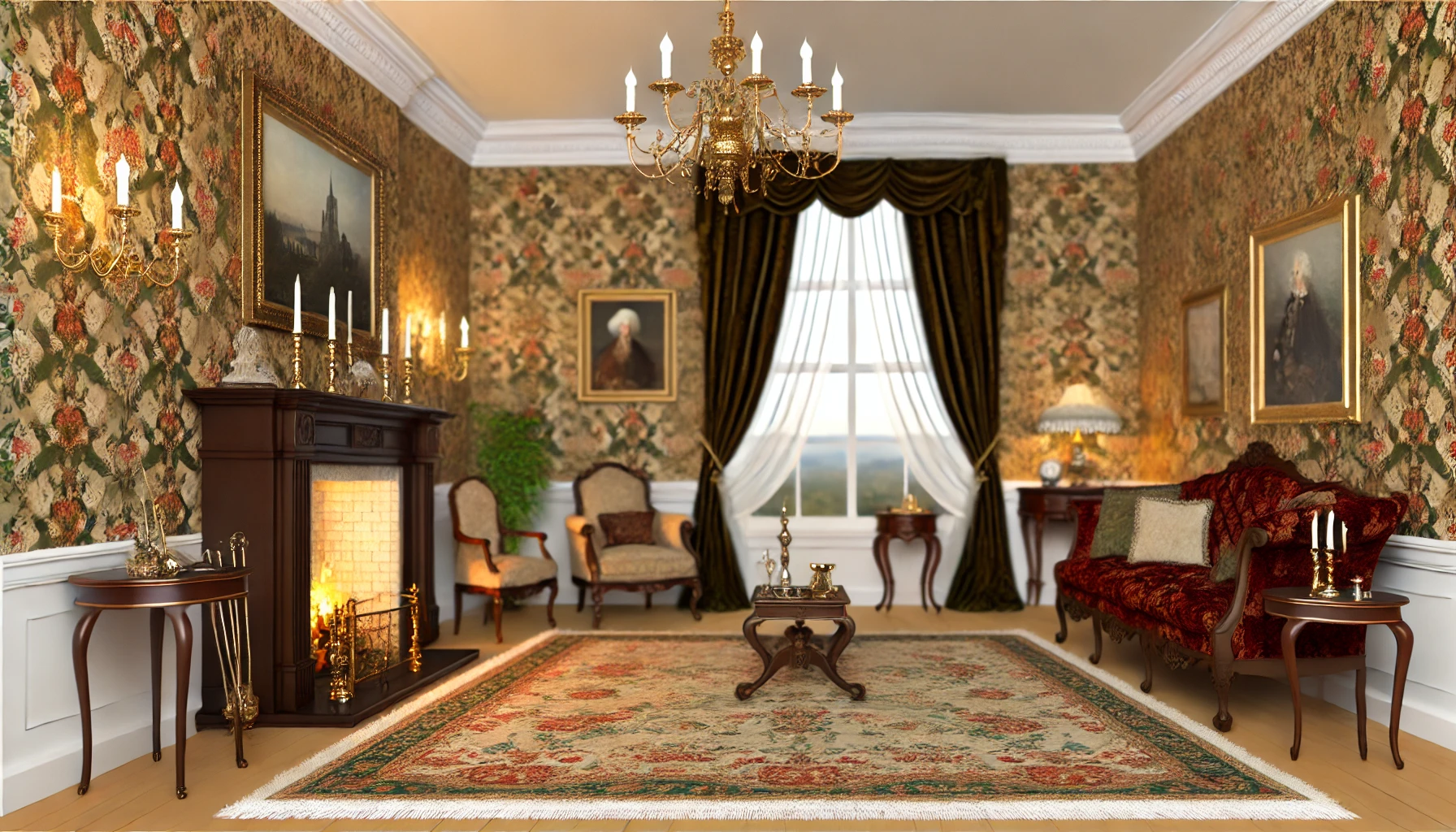 1800s living room with ornate furniture fireplace and velvet decor