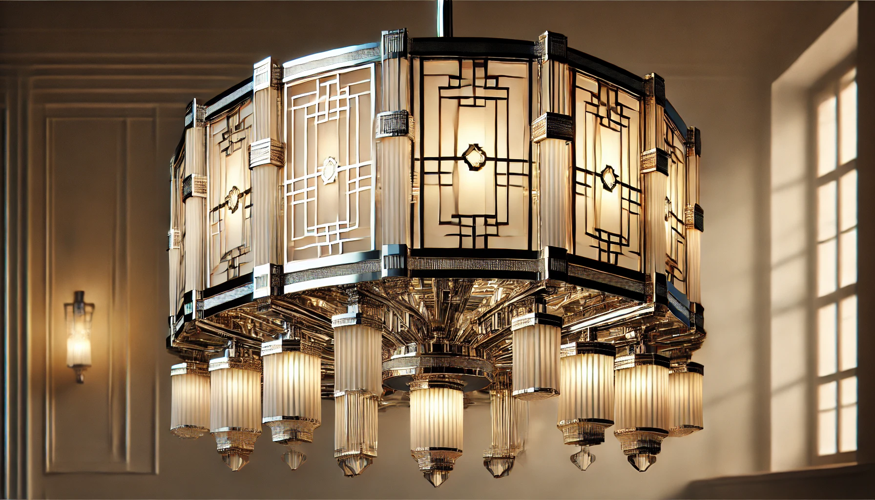 A vintage Art Deco chandelier made of chrome with frosted glass panels.
